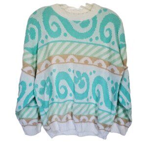 Vintage 1980s ferry kei Cabin sweater Rainbow Pastel White Large